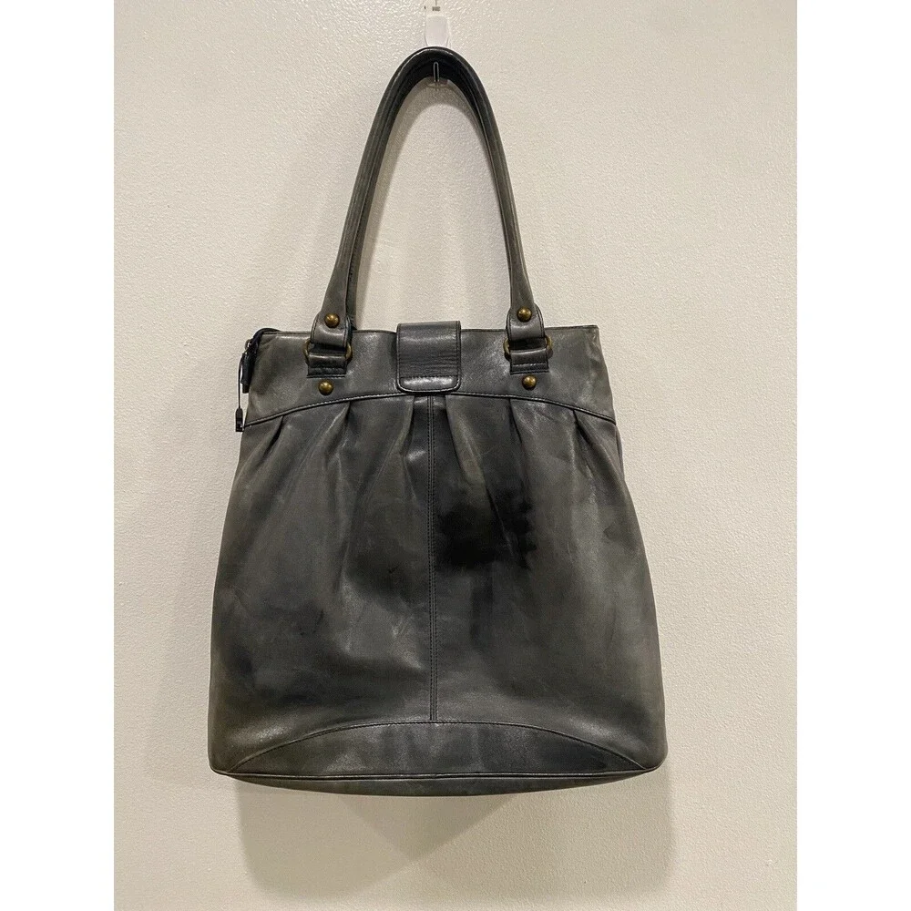 Hobo International Tote Bag Large Gray Leather Shoulder Carry All buckle Closure